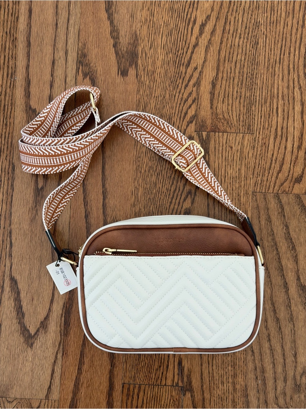 BOSTANTEN Crossbody Bag with Wide Strap – White & Brown – NWT